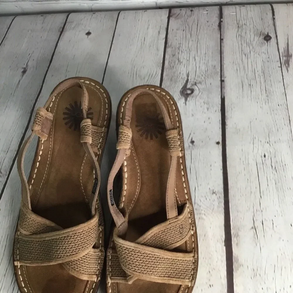 UGG 3146 Strappy Slingback Jute Wedge Sandals Women Size‎ 9 Brown Nubuck/Leather